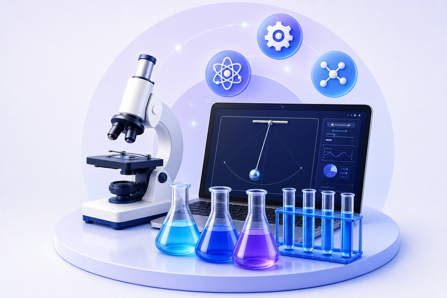Virtual laboratory with microscope, pendulum workstation, flasks and test tubes